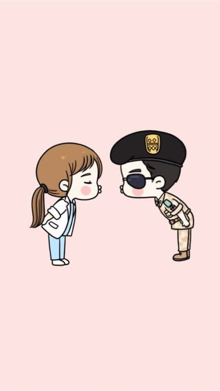 Aesthetic Korean 桌布 壁紙 — 一個可愛的Q版風格女孩和一個獨眼警察穿著制服，在柔和的粉紅色背景前臉紅相對。