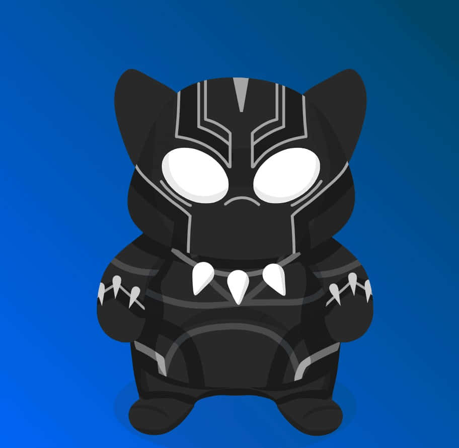 Cute Black Panther 桌布 壁紙 — 一個可愛的Q版黑豹角色，身穿黑白盔甲，站在純藍色背景前。