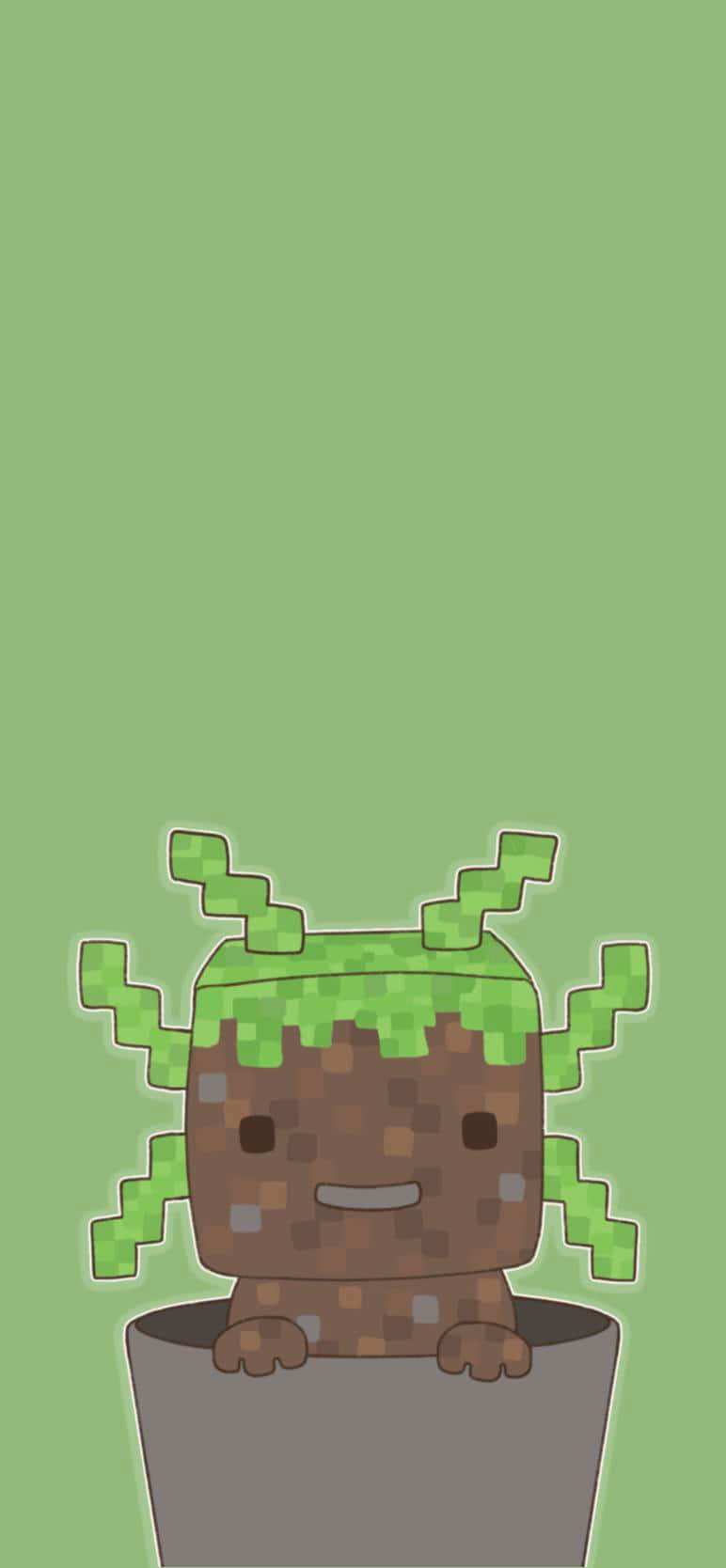 墨西哥鈍口螈 桌布 壁紙 — 一個可愛的像素化Minecraft風格生物，長著苔蘚綠的頭髮，從灰色花盆中愉快地探出頭來，背景是純淺綠色。