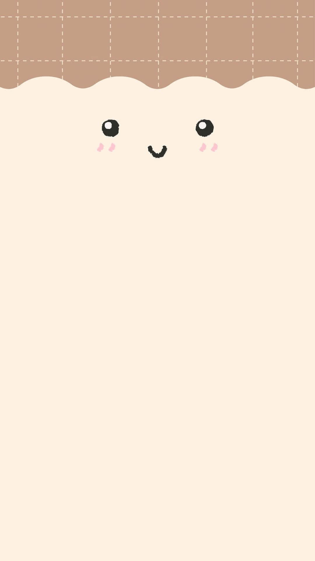 Kawaii Emoticon 桌布 壁紙 — 一個可愛的像素風格臉龐，臉頰紅潤，從柔軟米色背景上的棕色格子毛毯下探出頭來。