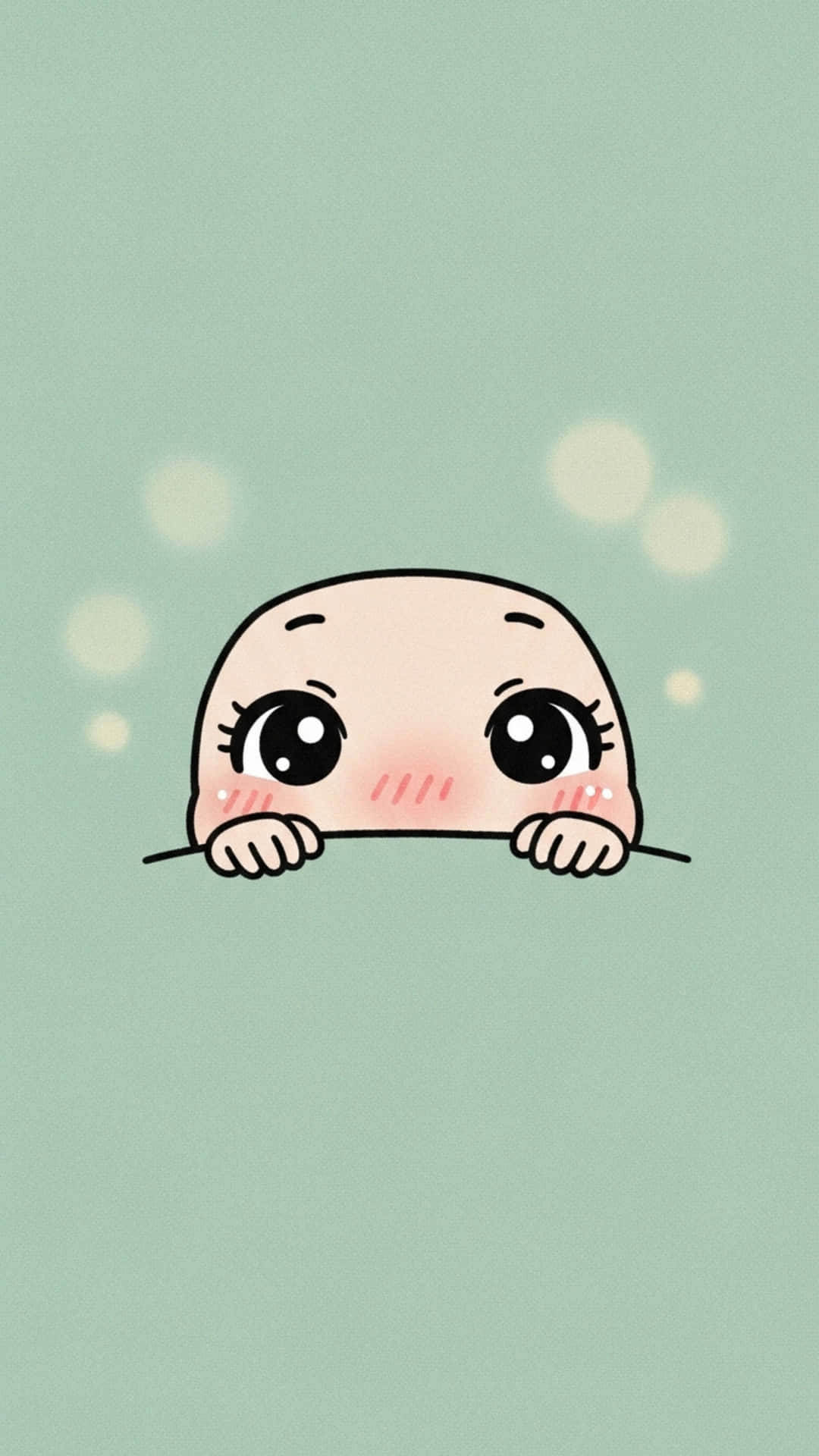 Shy Kawaii Face Hiding Behind Tiny Hands, Muted Mint Green Background with Bokeh Lights 壁紙 — 一個可愛的光頭卡通角色，大眼睛從壁架上探出頭來，背景是柔和的薄荷綠色，帶有散景燈光。
