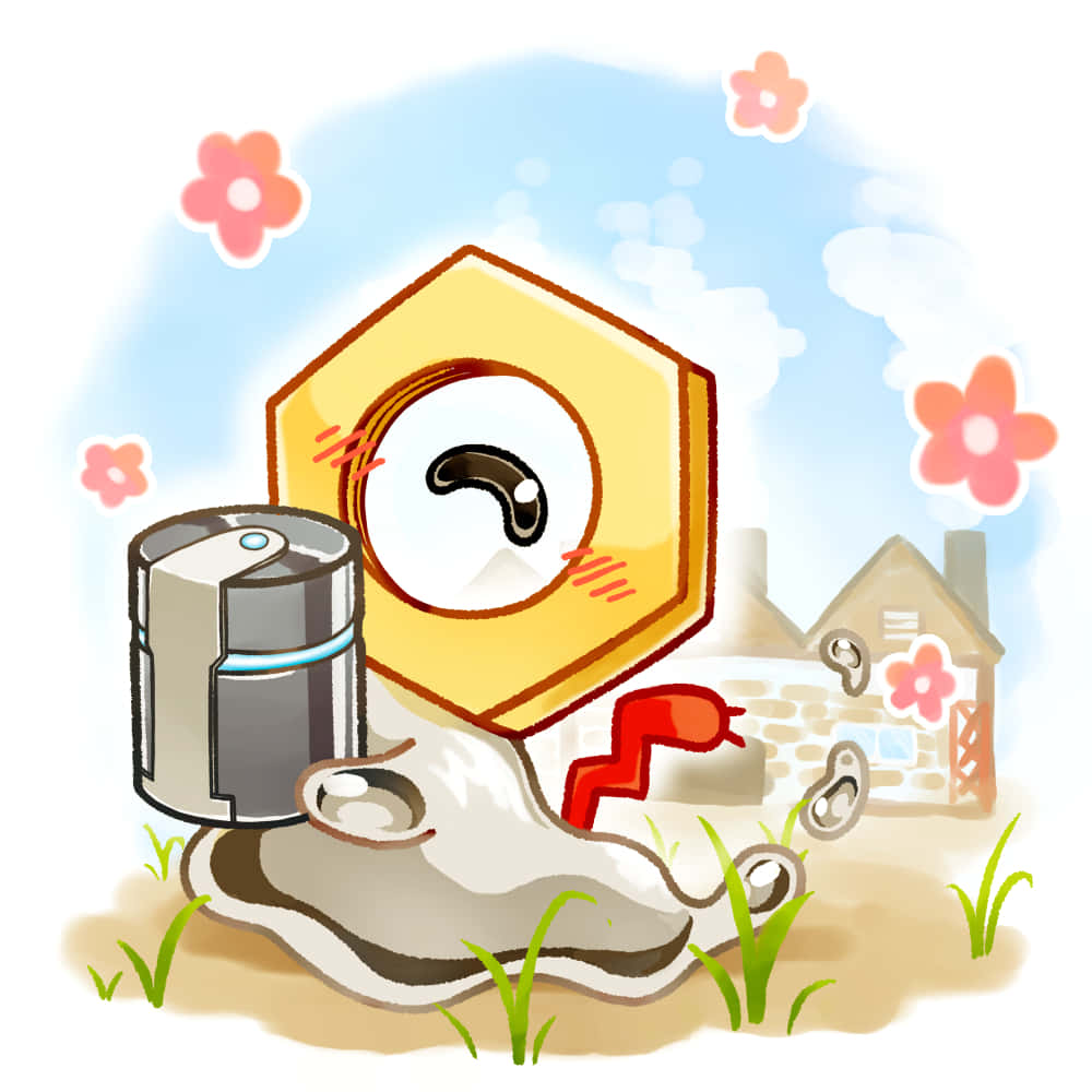 寶可夢 桌布 壁紙 — 一個可愛的六角形機器人，有一隻大眼睛，坐在草地上，旁邊有一個銀色罐子和一條紅色軟管，藍天下有粉紅色的花朵。