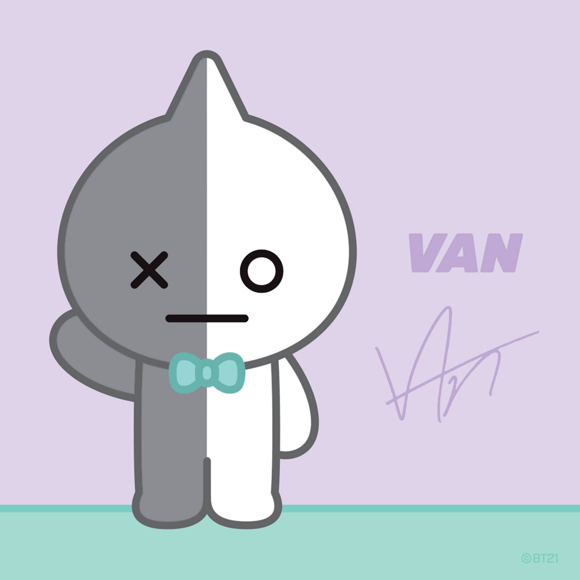 van bt21 桌布 壁紙 — 一個可愛的分裂臉卡通角色，一隻眼睛，另一隻眼睛是X，戴著青綠色領結，背景是柔和的薰衣草色。