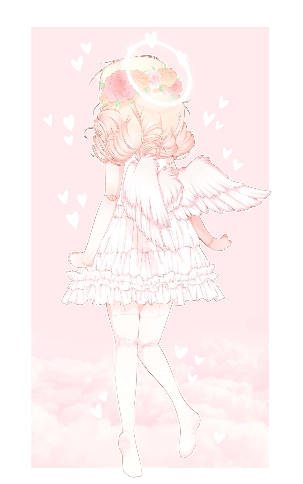 Soft Girl Aesthetic 桌布 壁紙 — 一個可愛的動漫天使女孩，粉紅色頭髮和花環光環，漂浮在雲層中，周圍有愛心漂浮。