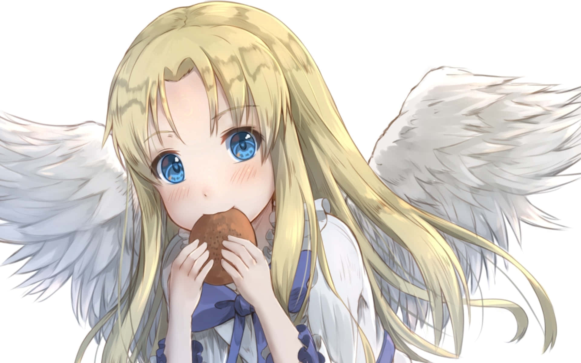 Shield Hero 桌布 壁紙 — 一個可愛的動漫天使女孩，金髮藍眼，在純白背景上快樂地吃著餅乾。