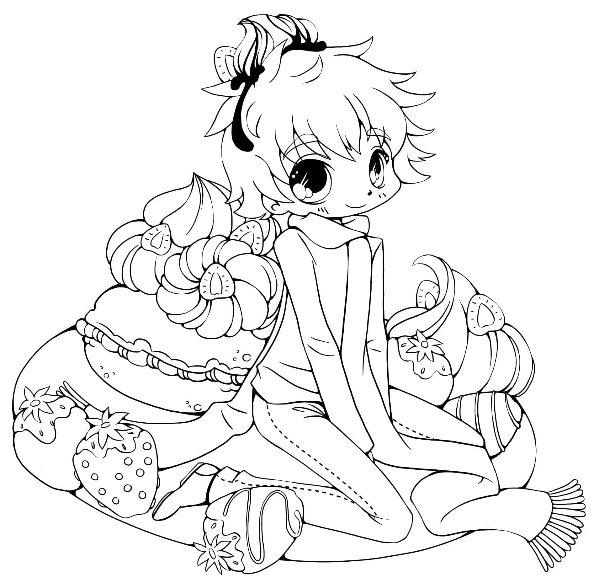 Anime Coloring 桌布 壁紙 — 一個可愛的動漫女孩，大眼睛，坐在被超大甜點（如草莓和奶油泡芙）包圍的黑白線條藝術風格中。