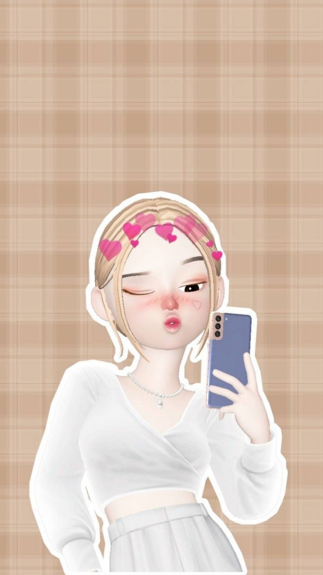 動漫女孩一邊用手機自拍，一邊飛吻。 — 美少女動態圖 壁紙