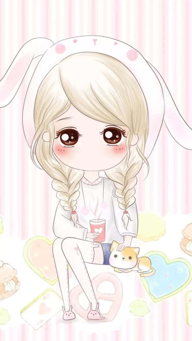 動漫女孩 桌布 壁紙 — 一個可愛的動漫女孩，戴著兔耳和辮子，坐在一隻小貓旁邊，拿著飲料，背景是粉彩條紋。