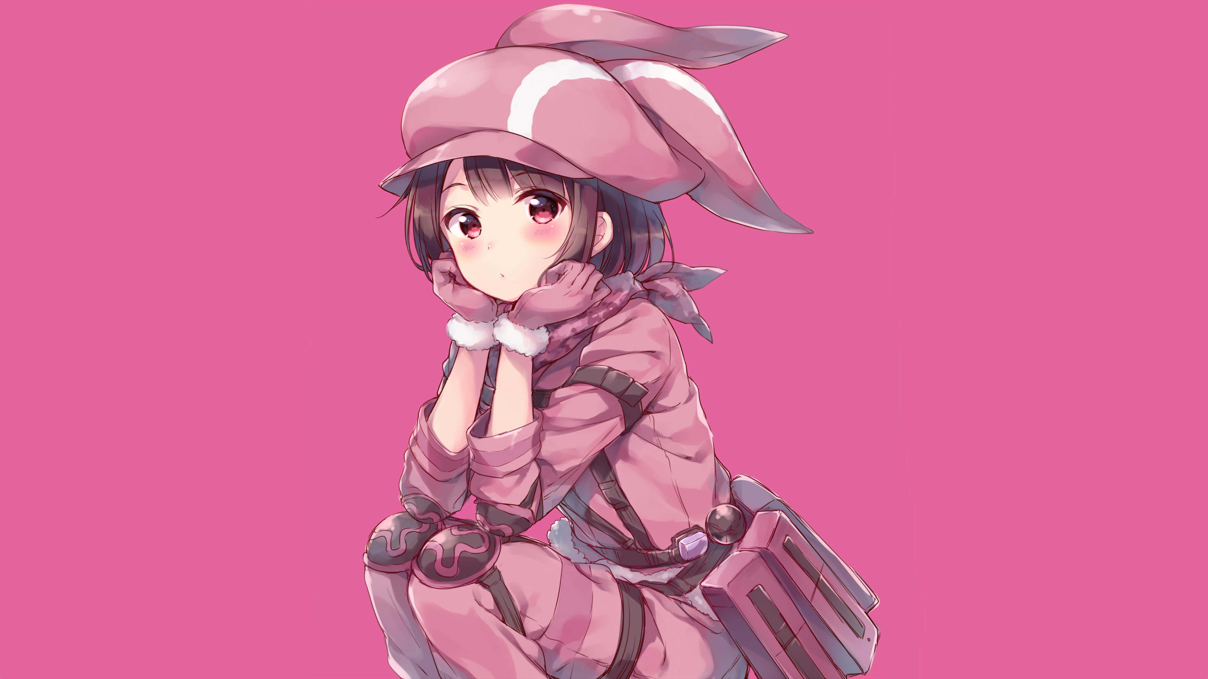 Alternative Art 桌布 壁紙 — 一個可愛的動漫女孩，戴著粉紅色兔子帽和配套服裝，坐在純粉色背景上，表情害羞。