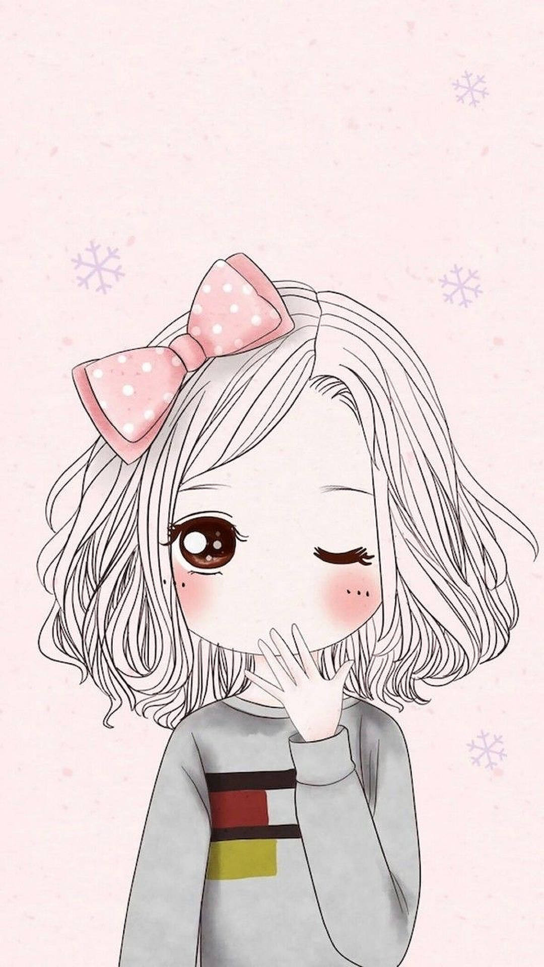 Profile 桌布 壁紙 — 一個可愛的動漫女孩，戴著粉紅色圓點蝴蝶結，波浪般的頭髮，在柔和的粉紅色背景下，雪花飄落，她輕輕地捂住嘴巴。