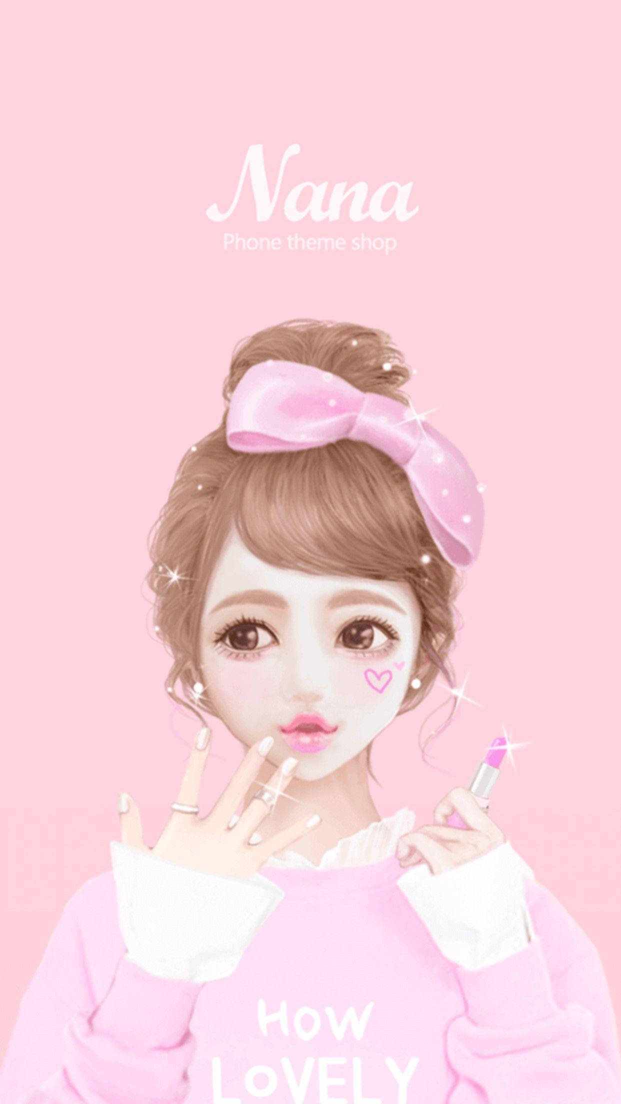 Cute Pink Girl 桌布 壁紙 — 一個可愛的動漫女孩，戴著粉紅色蝴蝶結，在帶有閃粉的柔和粉紅色背景前拿著唇膏。