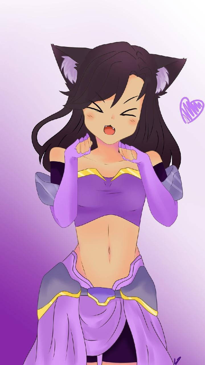 Aphmau 桌布 壁紙 — 一個可愛的動漫女孩，戴著黑色貓耳，穿著紫色服裝，在柔和的紫色漸變背景前俏皮地擺姿勢。