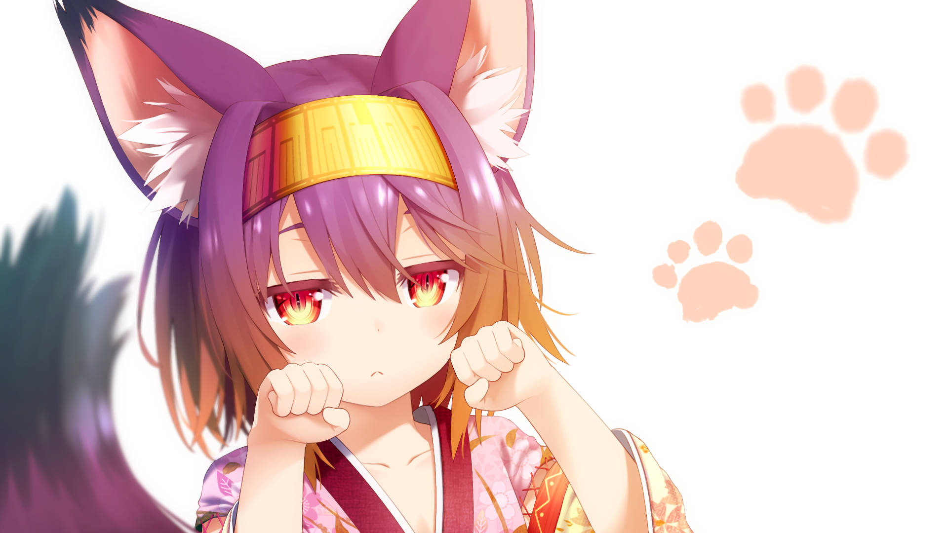 Aesthetic Anime Pfp 桌布 壁紙 — 一個可愛的動漫女孩，擁有狐狸耳朵和紅色眼睛，穿著花卉和服，握緊拳頭，表情堅定。