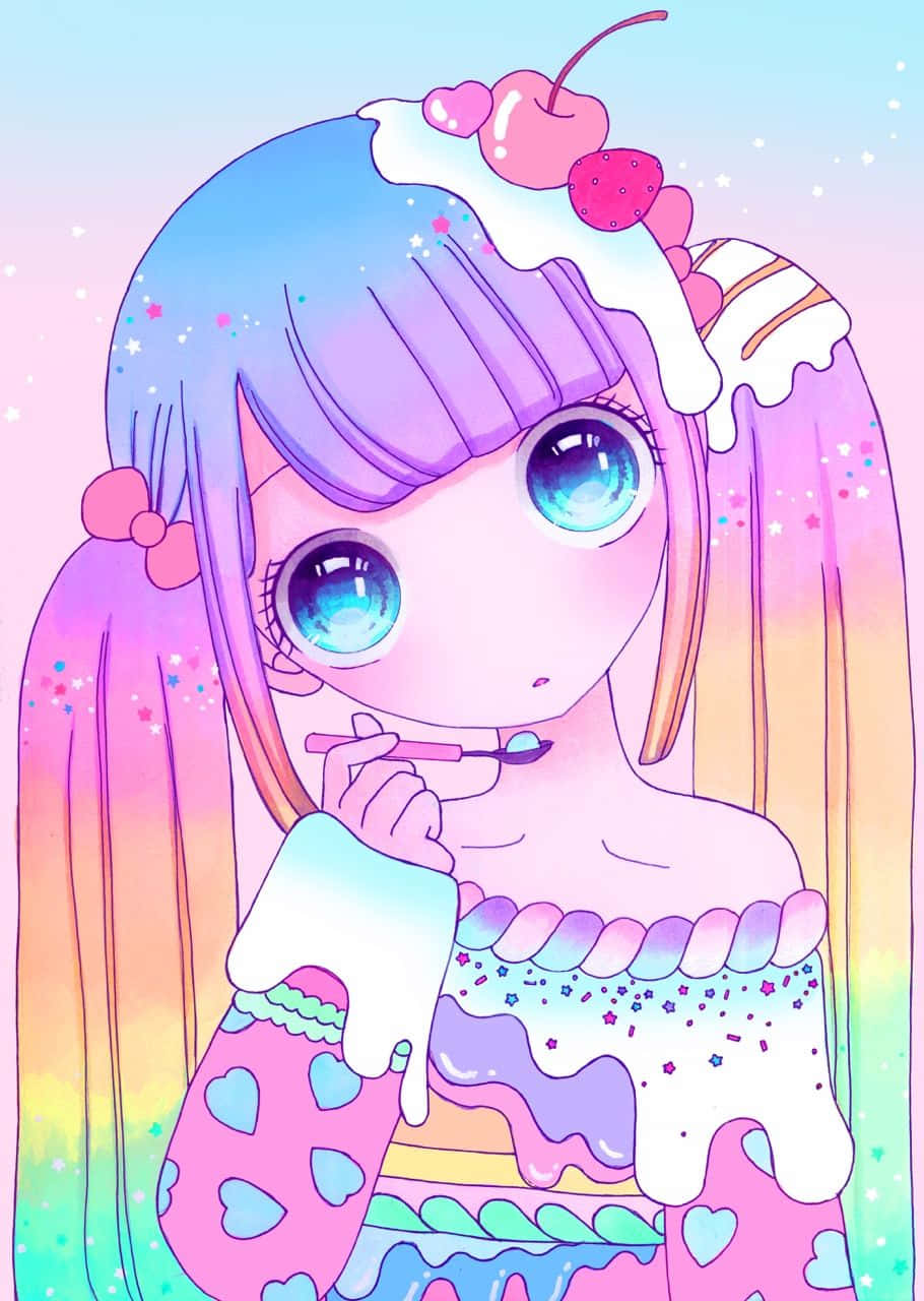 Cute Girl 桌布 壁紙 — 一個可愛的動漫女孩，擁有粉彩頭髮和大眼睛，穿著蛋糕主題服裝吃冰淇淋。