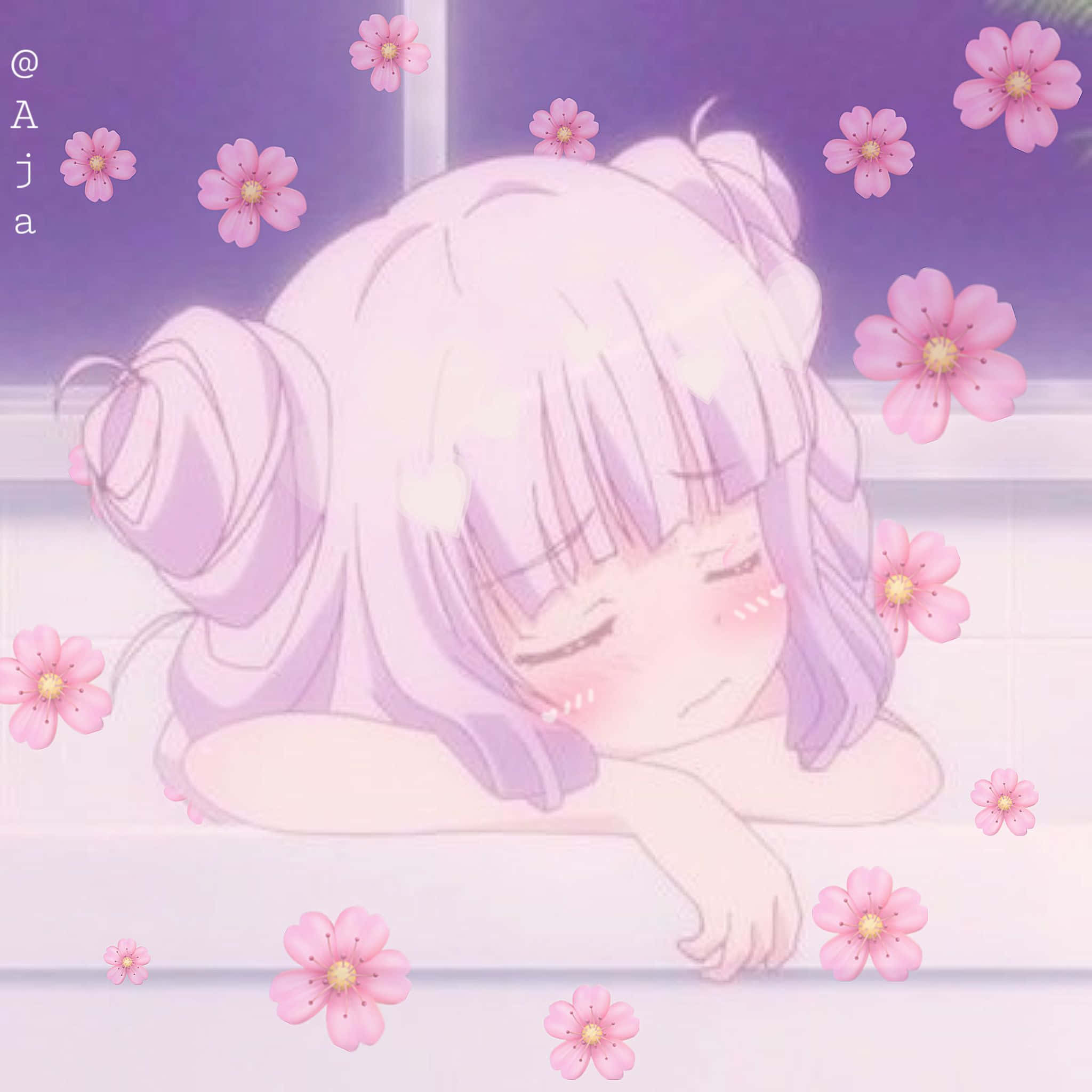 Aesthetic Anime Pfp 桌布 壁紙 — 一個可愛的動漫女孩，擁有薰衣草色的頭髮，在浴缸中安詳地睡著，周圍漂浮著粉紅色的櫻花。