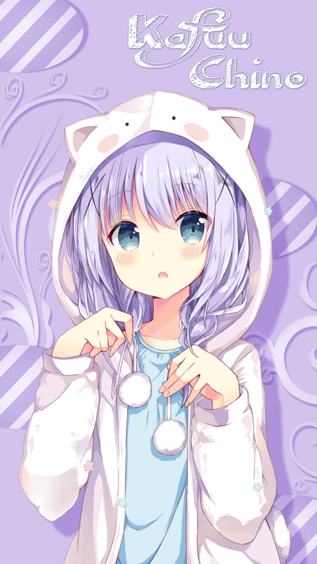Kawaii Anime 桌布 壁紙 — 一個可愛的動漫女孩，擁有薰衣草色頭髮和藍色眼睛，穿著白色貓耳連帽衫，背景是旋轉的紫色。
