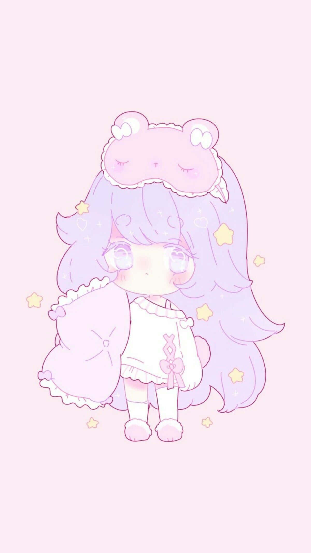 Pastel Pink Aesthetic Anime 桌布 壁紙 — 一個可愛的動漫女孩，擁有薰衣草色頭髮和熊主題睡眠眼罩，抱著枕頭，周圍漂浮著星星，背景是柔和的粉紅色。