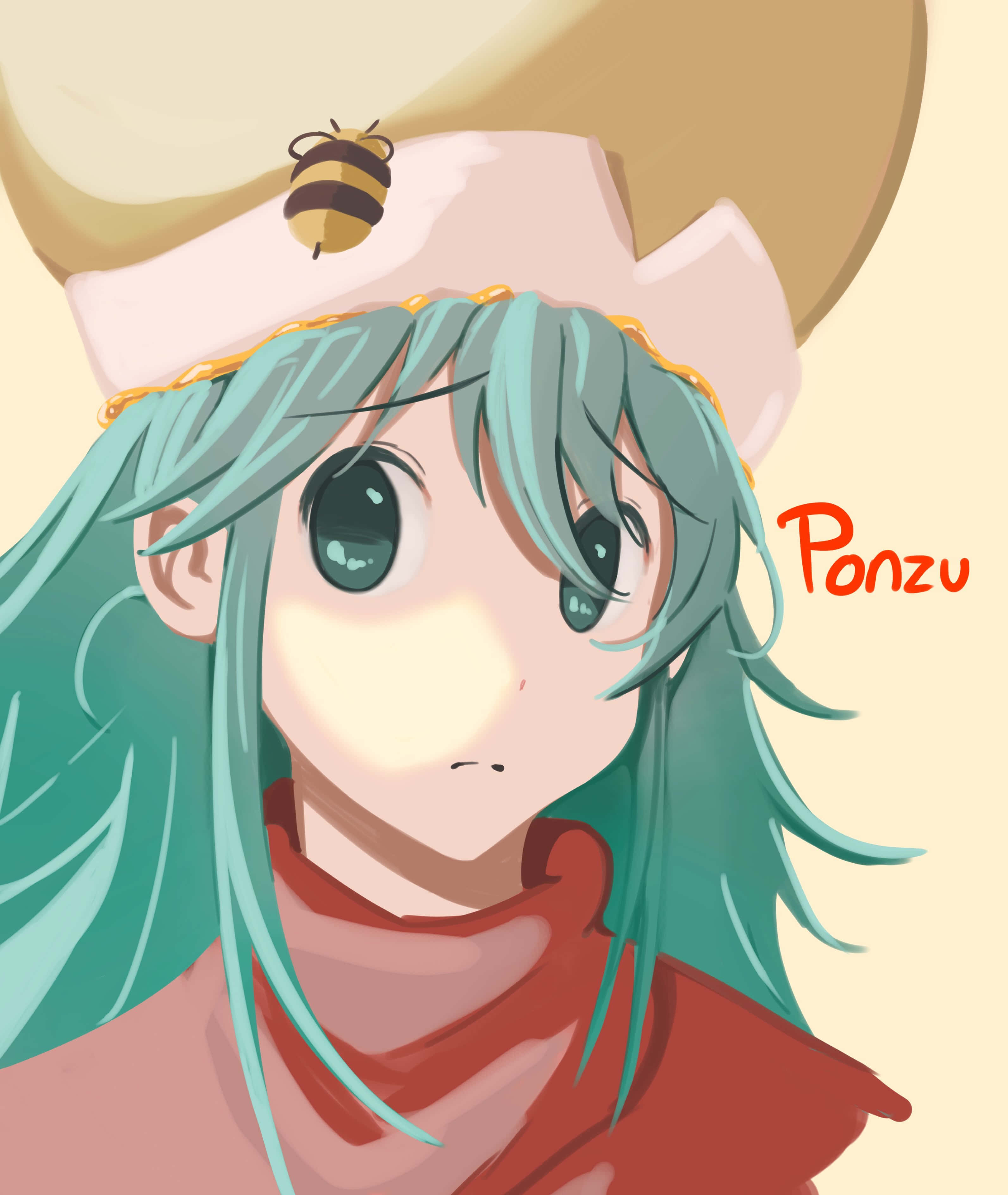Hunter X Hunter Ponzu 桌布 壁紙 — 一個可愛的動漫女孩，擁有青綠色頭髮，帽子上有蜜蜂，在溫暖的米色背景前顯得驚訝。