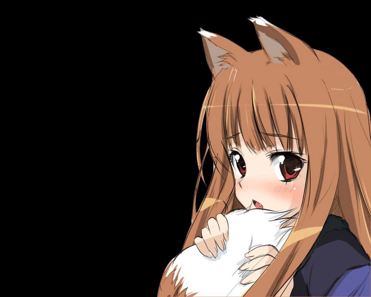 Spice And Wolf 桌布 壁紙 — 一個可愛的動漫女孩，有狐狸耳朵和紅眼睛，在黑色背景前擁抱一個白色毛茸茸的生物。
