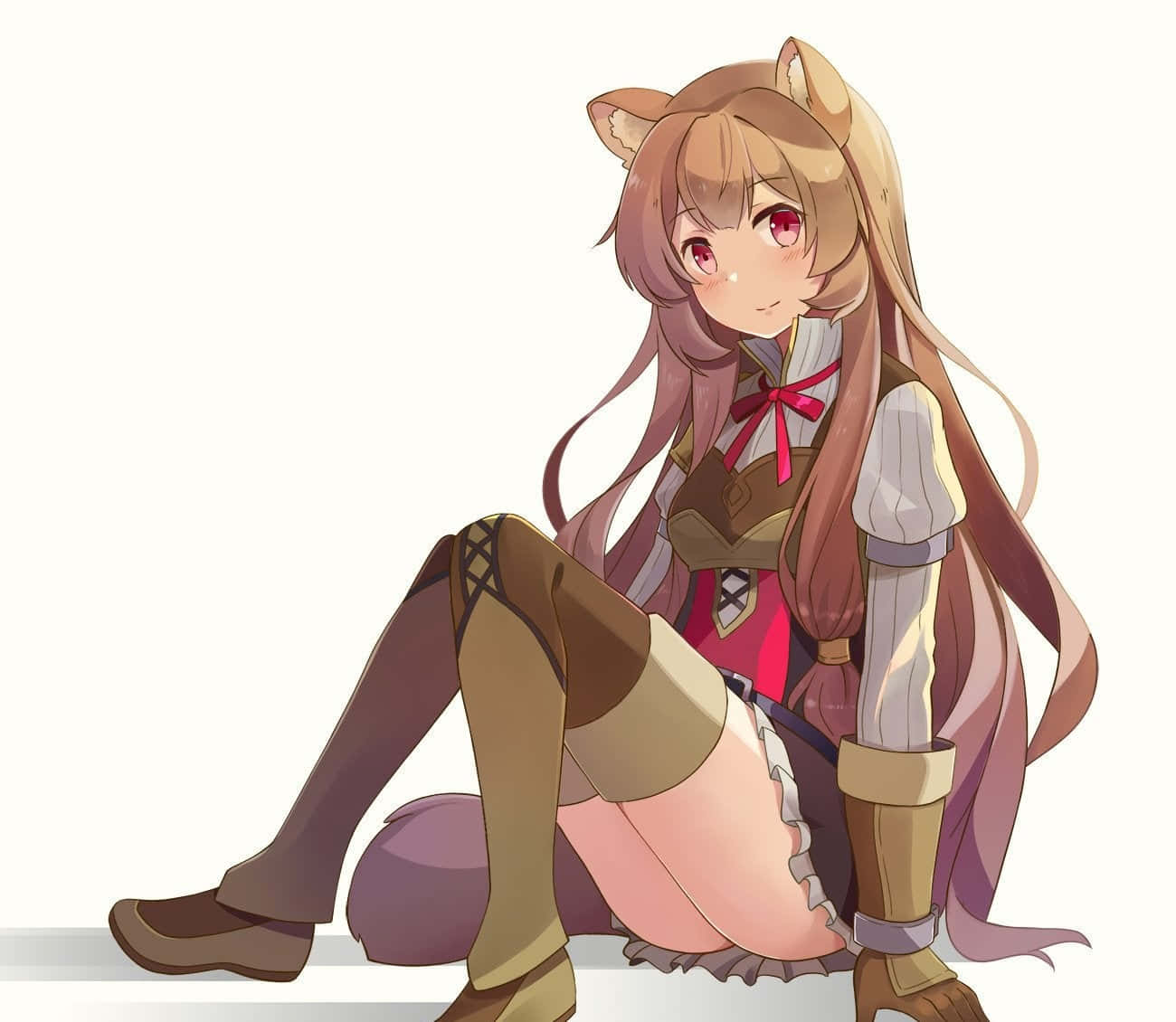 拉芙塔莉雅 桌布 壁紙 — 一個可愛的動漫女孩，有狐狸耳朵和長長的棕色頭髮，穿著幻想服裝，盤腿坐在純白色背景前。