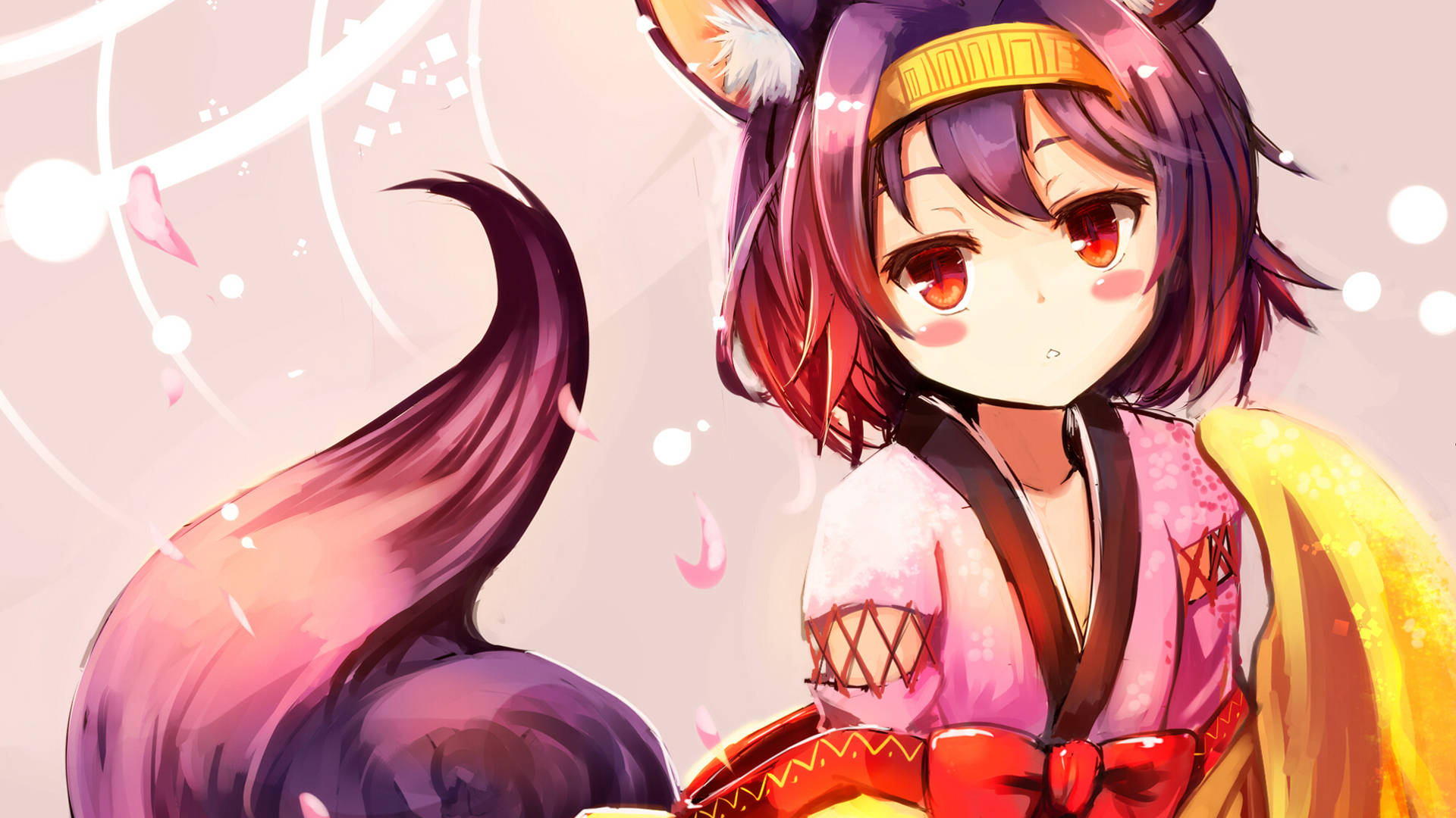 game 桌布 壁紙 — 一個可愛的動漫女孩，有狐狸耳朵和毛茸茸的尾巴，穿著帶有紅色點綴的粉色和服，背景是柔和的粉彩，有飄浮的花瓣。