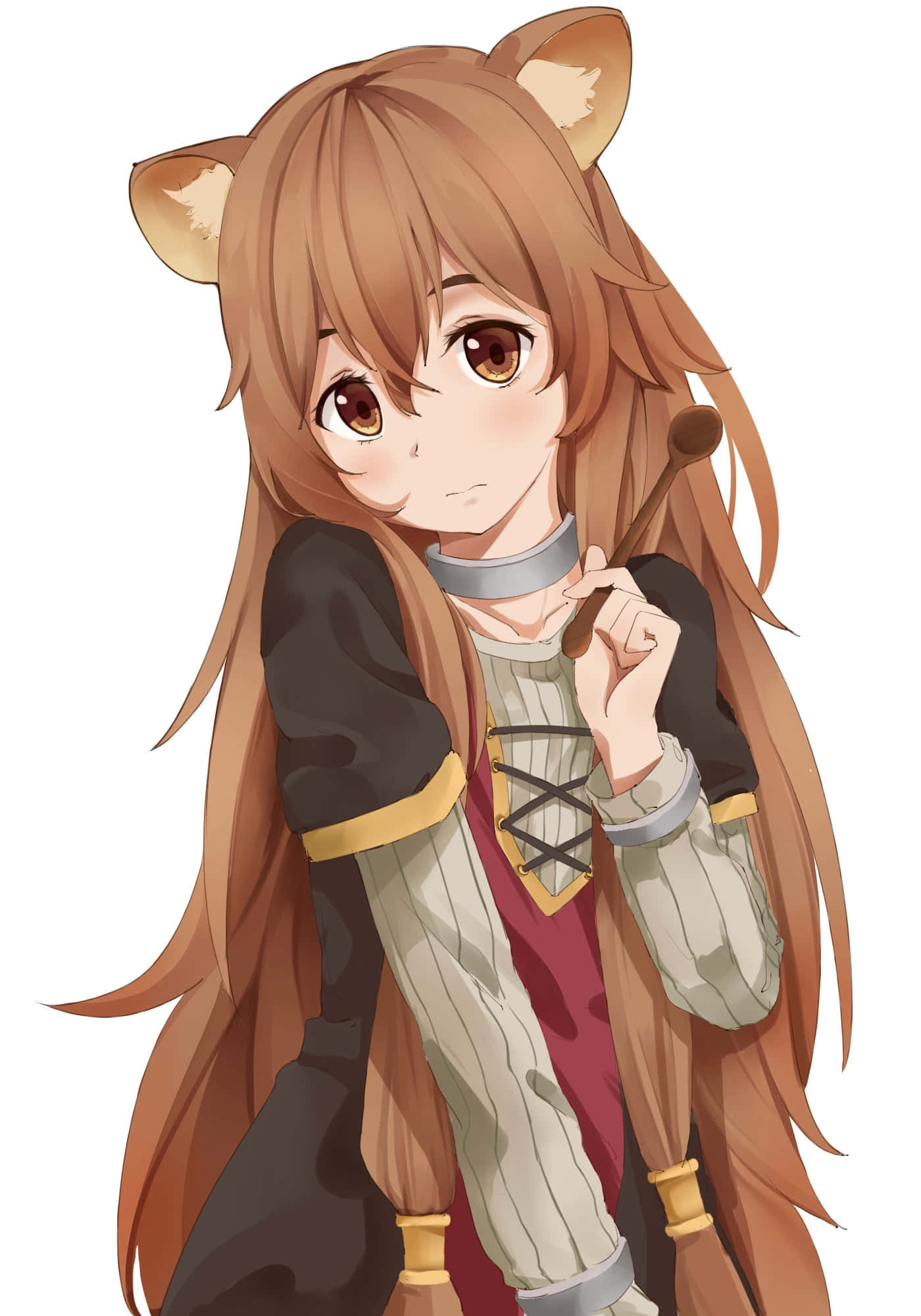 Raphtalia 桌布 壁紙 — 一個可愛的動漫女孩，有狐狸耳朵和長長的棕色頭髮，拿著木勺，溫柔地看著觀眾。