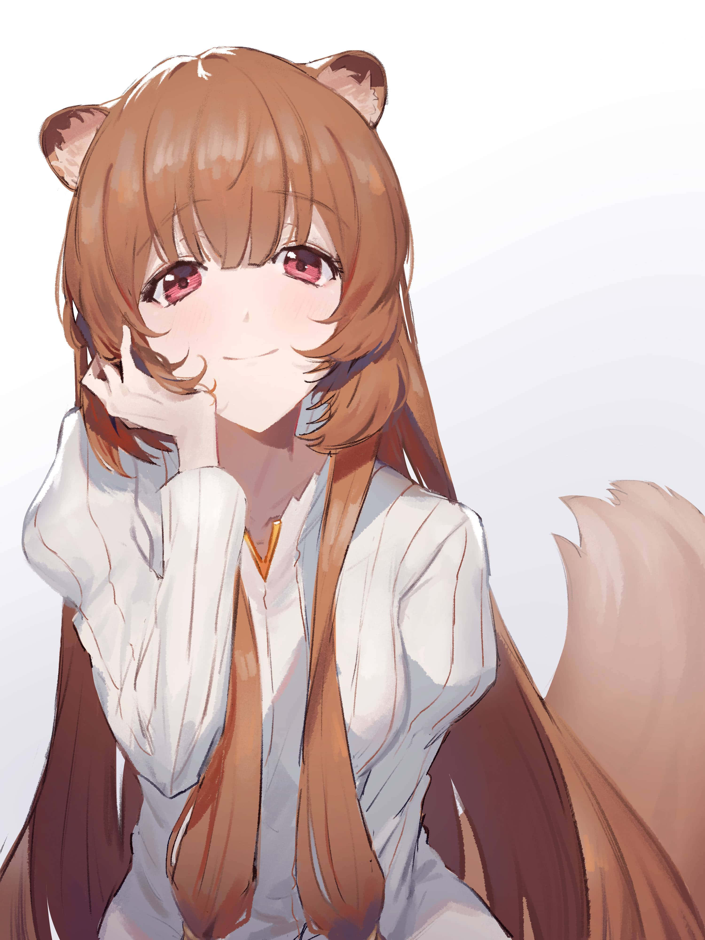 Raphtalia 桌布 壁紙 — 一個可愛的動漫女孩，有狐狸耳朵和尾巴，在柔和的漸變背景上，用手托著下巴，溫柔地微笑。