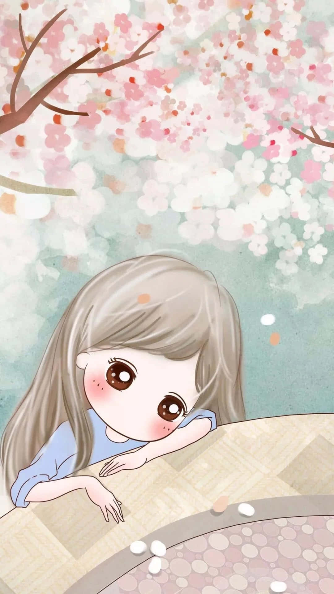 Cute Cartoon 桌布 壁紙 — 一個可愛的動漫女孩，有著大大的棕色眼睛，倚靠在欄杆上，上方是盛開著粉紅色和白色花朵的櫻花樹。