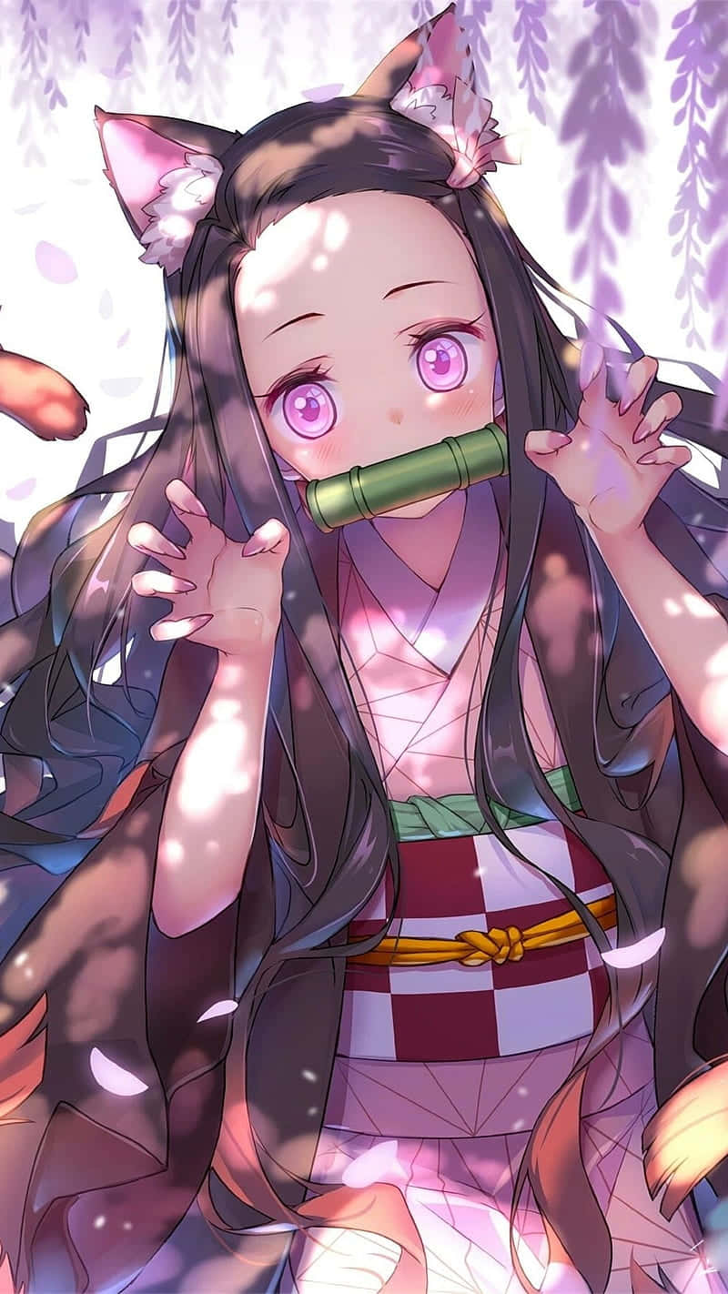 動漫女孩 桌布 壁紙 — 一個可愛的動漫女孩，有貓耳朵和紫色眼睛，在櫻花枝下拿著竹笛。