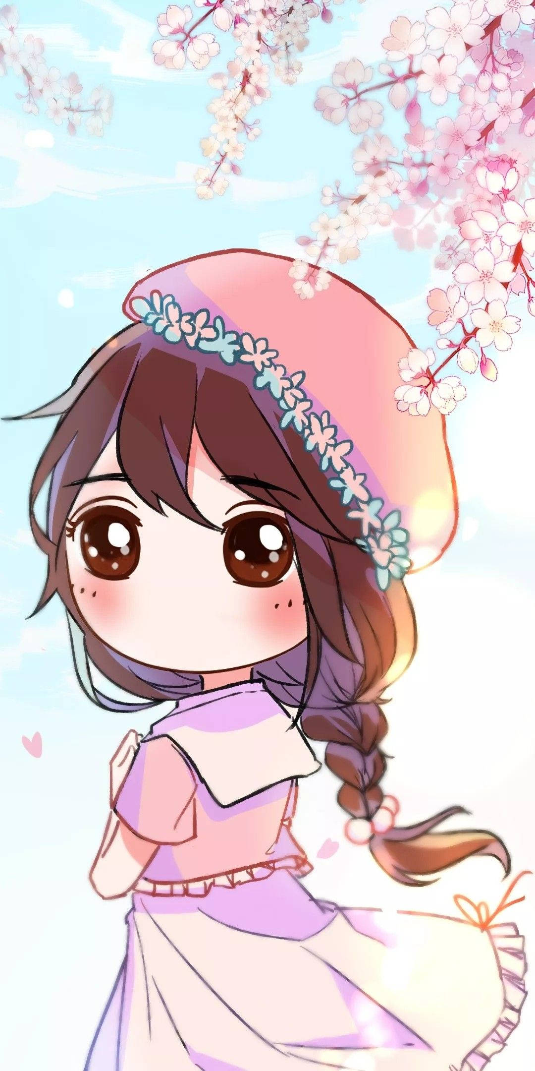 Pretty Girl Cartoon 桌布 壁紙 — 一個可愛的動漫女孩，棕色眼睛，戴著粉紅色帽子，站在盛開的櫻花下，背景是柔和的藍天。