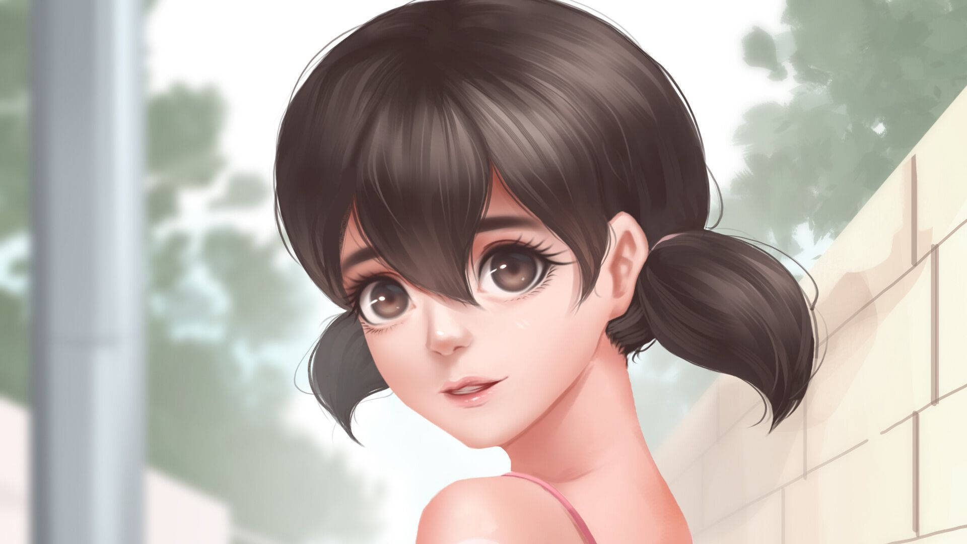 shizuka doraemon 桌布 壁紙 — 一個可愛的動漫女孩，棕色雙馬尾，大眼睛，在柔和模糊的城市背景下回頭看。