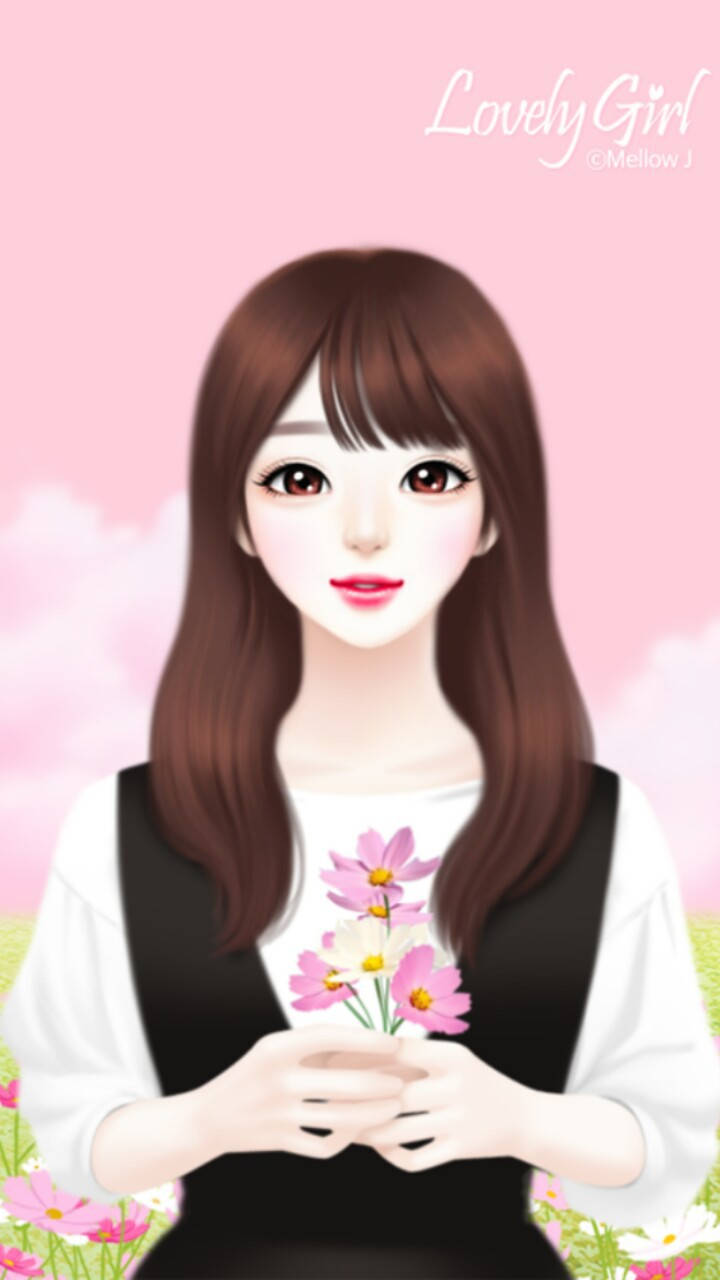 lovely 桌布 壁紙 — 一個可愛的動漫女孩，棕色頭髮，在柔和的粉紅色天空和綠色草地上拿著粉紅色的大波斯菊花。