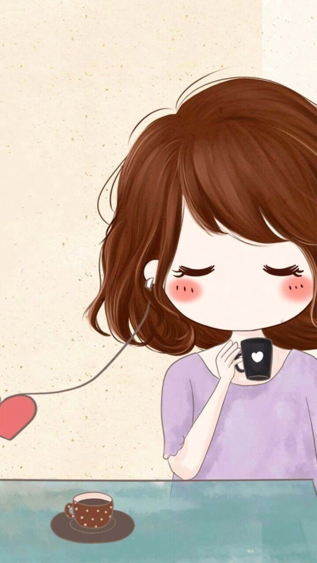 可愛動漫情侶 桌布 壁紙 — 一個可愛的動漫女孩，棕色頭髮，在舒適的咖啡館裏戴着耳機聽音樂，啜飲咖啡。