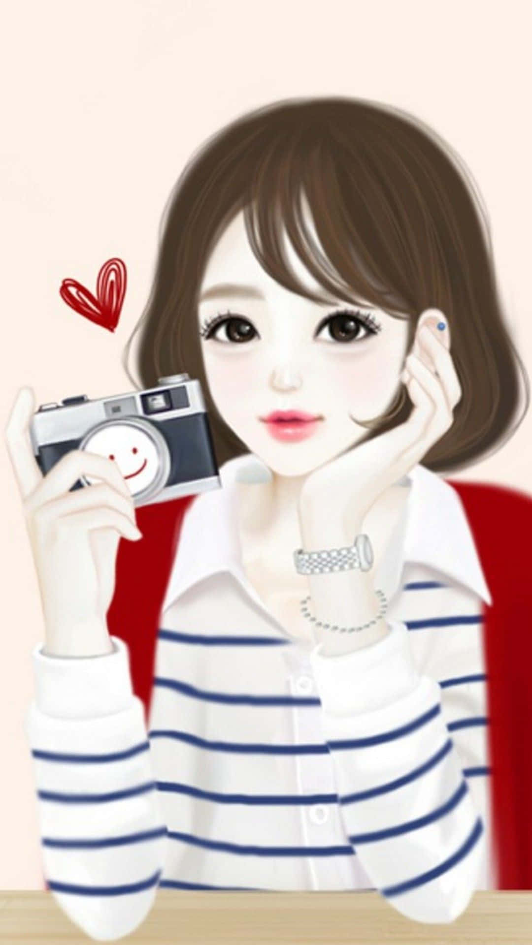 Pretty Girl Aesthetic 桌布 壁紙 — 一個可愛的動漫女孩，棕色頭髮，在柔和的粉紅色背景上，用手托著下巴，拿著一個微笑的相機。