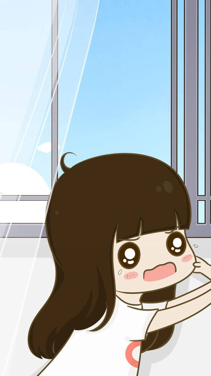 cute couple matching 桌布 壁紙 — 一個可愛的動漫女孩，棕色頭髮，從窗框後面探出頭來，看起來很驚訝。