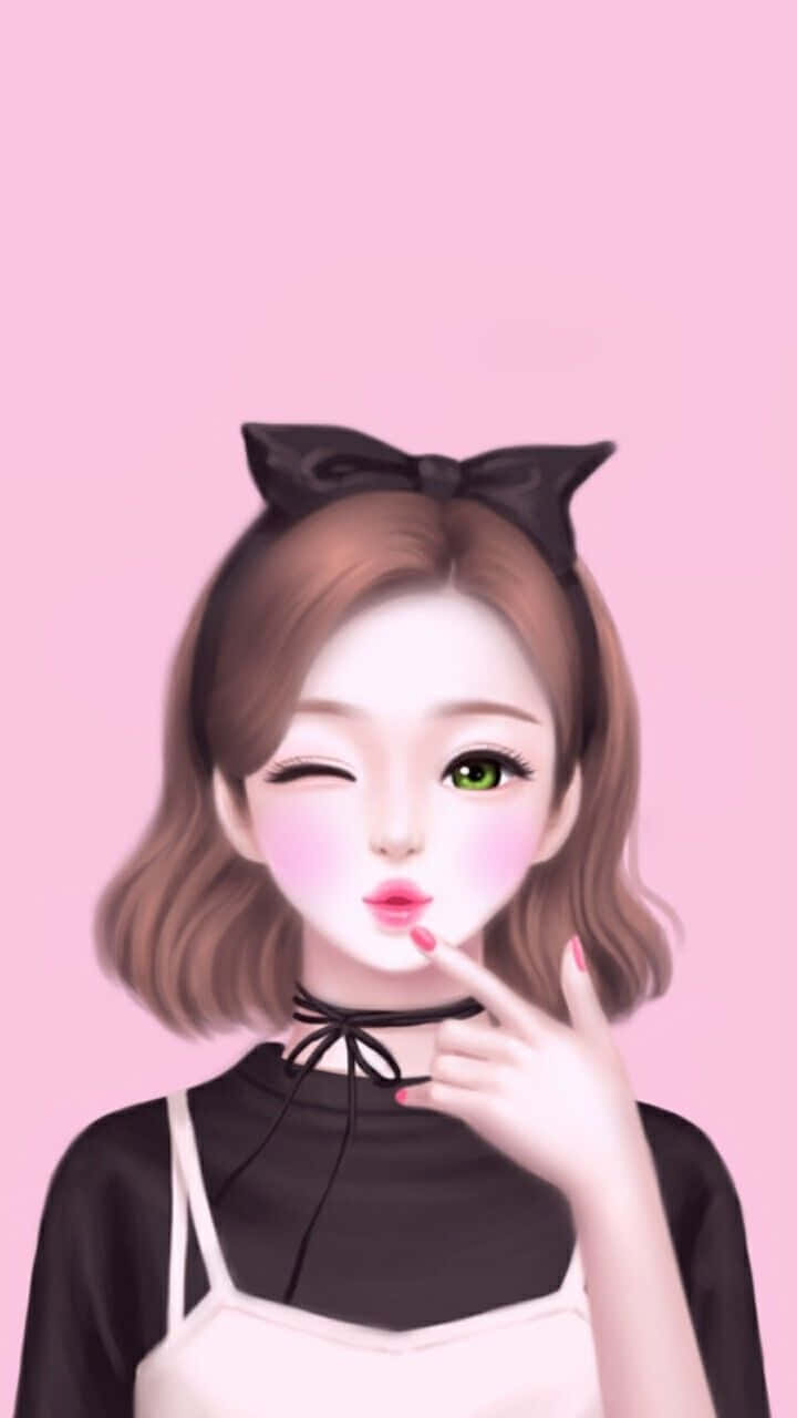 動漫女孩 桌布 壁紙 — 一個可愛的動漫女孩，棕色頭髮，戴著黑色蝴蝶結，在柔和的粉紅色背景上頑皮地眨眼。