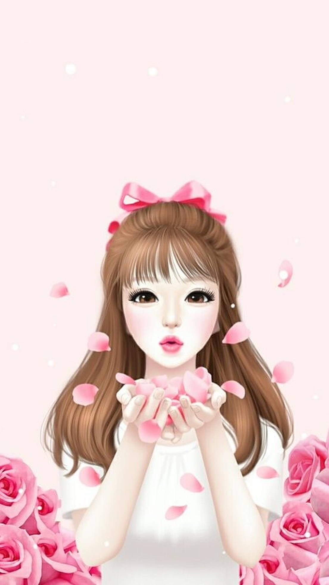 甜美女孩 桌布 壁紙 — 一個可愛的動漫女孩，棕色頭髮，戴著粉紅色蝴蝶結，在柔和的粉紅色背景前拿著粉紅色玫瑰花瓣。