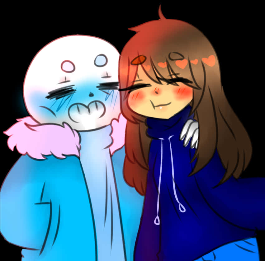 Undertale 桌布 壁紙 — 一個可愛的動漫女孩，棕色頭髮，臉頰泛紅，在黑色背景前擁抱一個穿著粉紅色領外套的藍色幽靈角色。