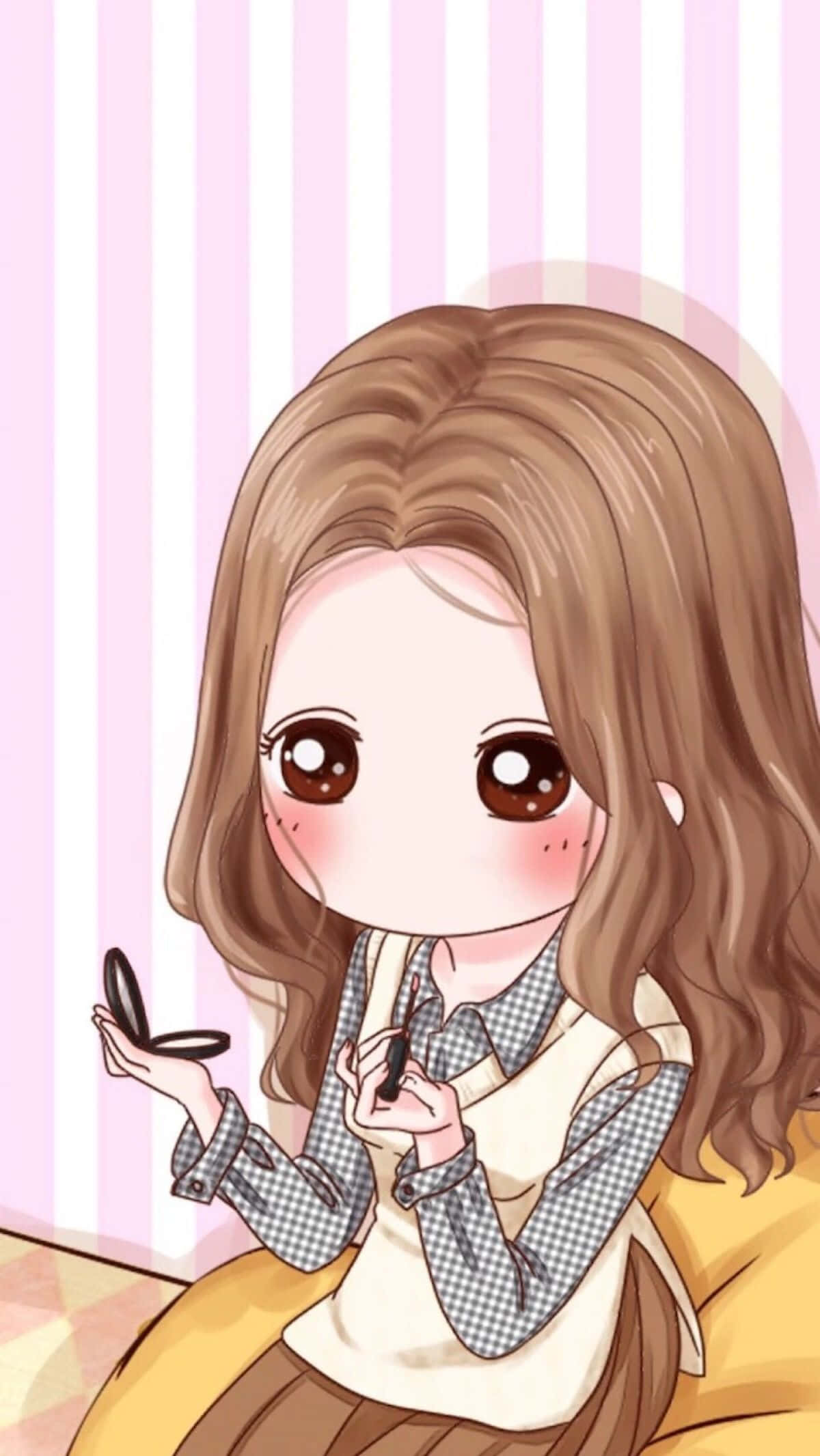 動漫女孩 桌布 壁紙 — 一個可愛的動漫女孩，棕色頭髮和大眼睛，坐在黃色沙發上，對著粉白條紋壁紙化妝。