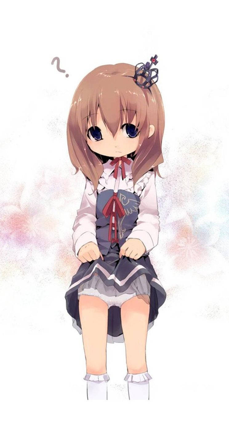 動漫女孩 桌布 壁紙 — 一個可愛的動漫女孩，棕色頭髮和大眼睛，穿著校服坐在柔和的粉彩背景前。