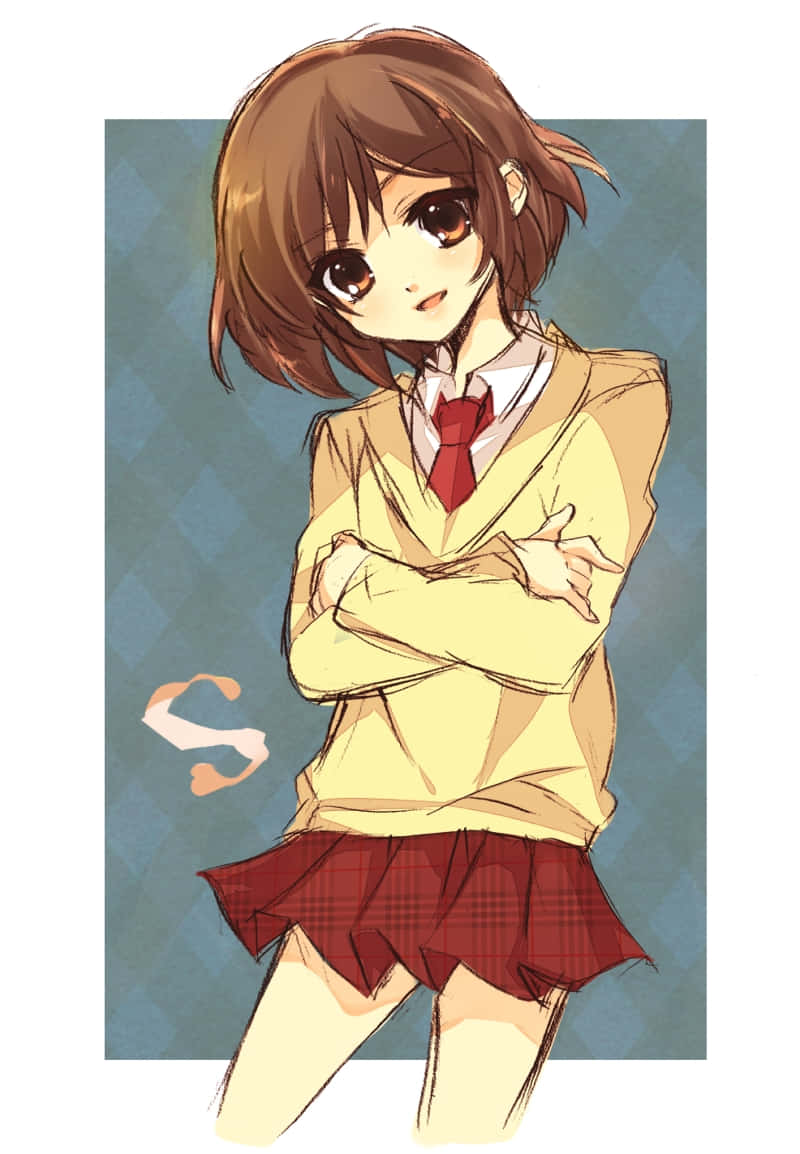 Haruhi Sasaki 桌布 壁紙 — 一個可愛的動漫女孩，棕色頭髮和大眼睛，穿著黃色毛衣、紅色領帶和格子裙，在藍色格子背景前交叉雙臂。