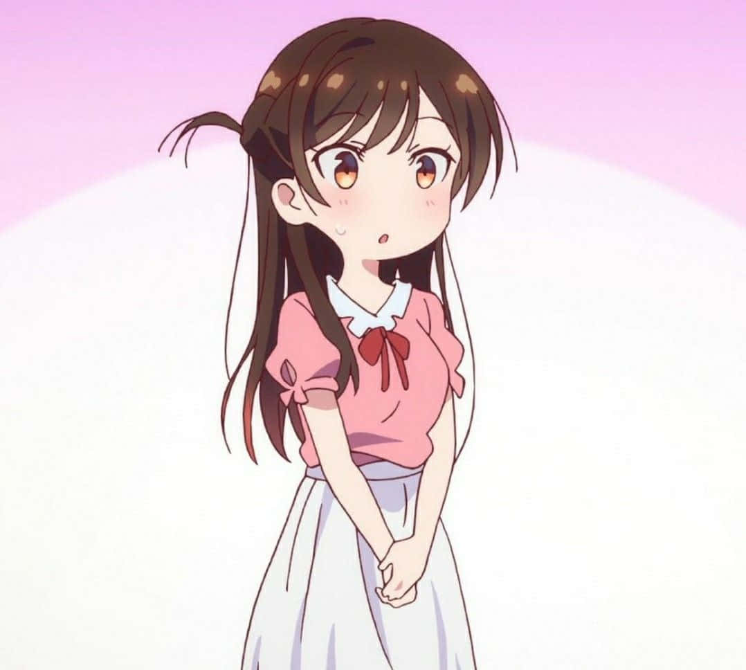 Chizuru Maihara 桌布 壁紙 — 一個可愛的動漫女孩，棕色頭髮和橙色眼睛，穿著粉紅色襯衫配紅色蝴蝶結和白色裙子，背景是柔和的粉紅色漸變。