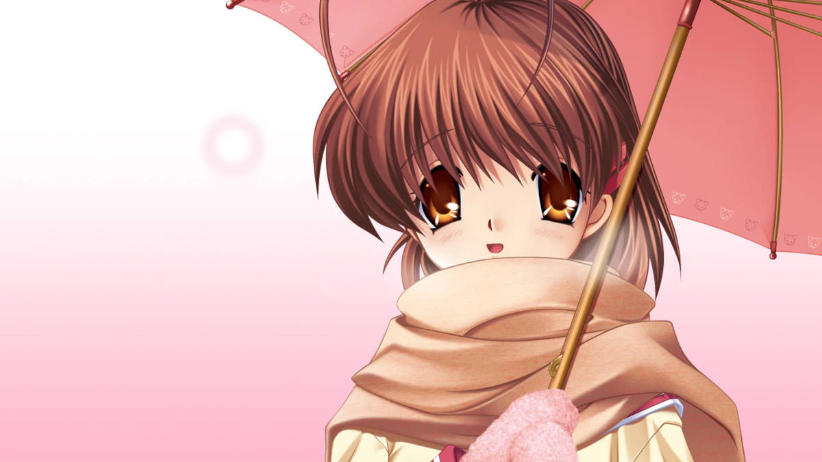 Clannad 桌布 壁紙 — 一個可愛的動漫女孩，棕色頭髮和溫暖的眼睛，在柔和的粉紅色背景中拿著粉紅色的雨傘和圍巾。