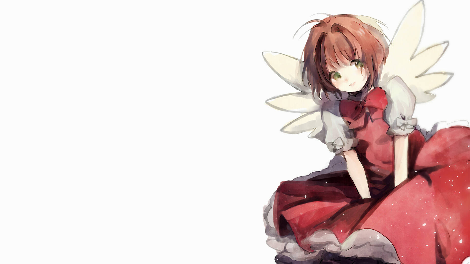 Cardcaptor 桌布 壁紙 — 一個可愛的動漫女孩，棕色頭髮和白色翅膀，穿著紅色連衣裙，坐在純白色背景前。
