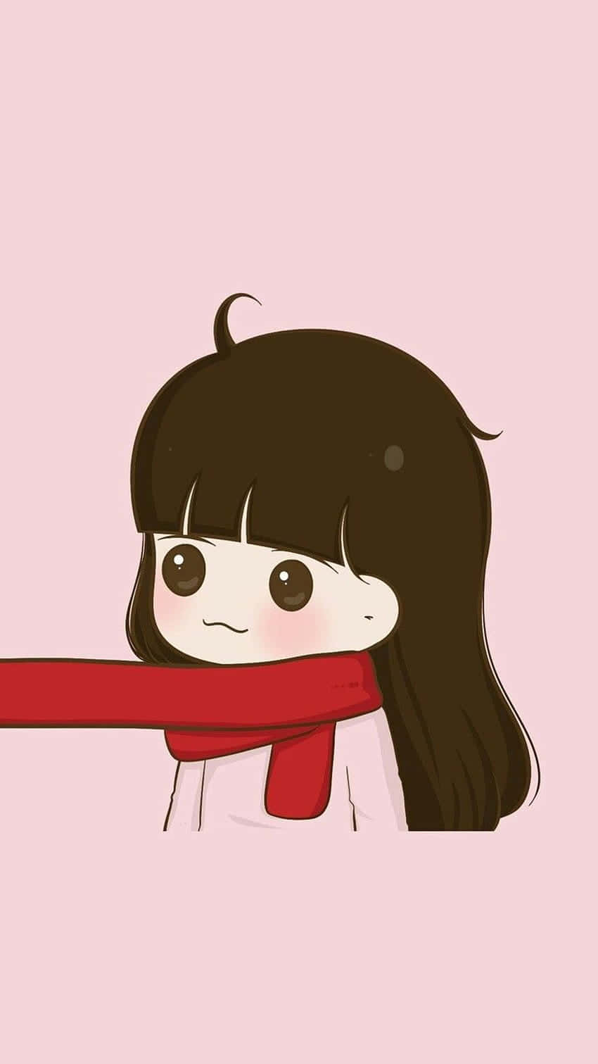 動漫女孩 桌布 壁紙 — 一個可愛的動漫女孩，棕色頭髮和紅色圍巾，從粉紅色背景後面探出頭來。