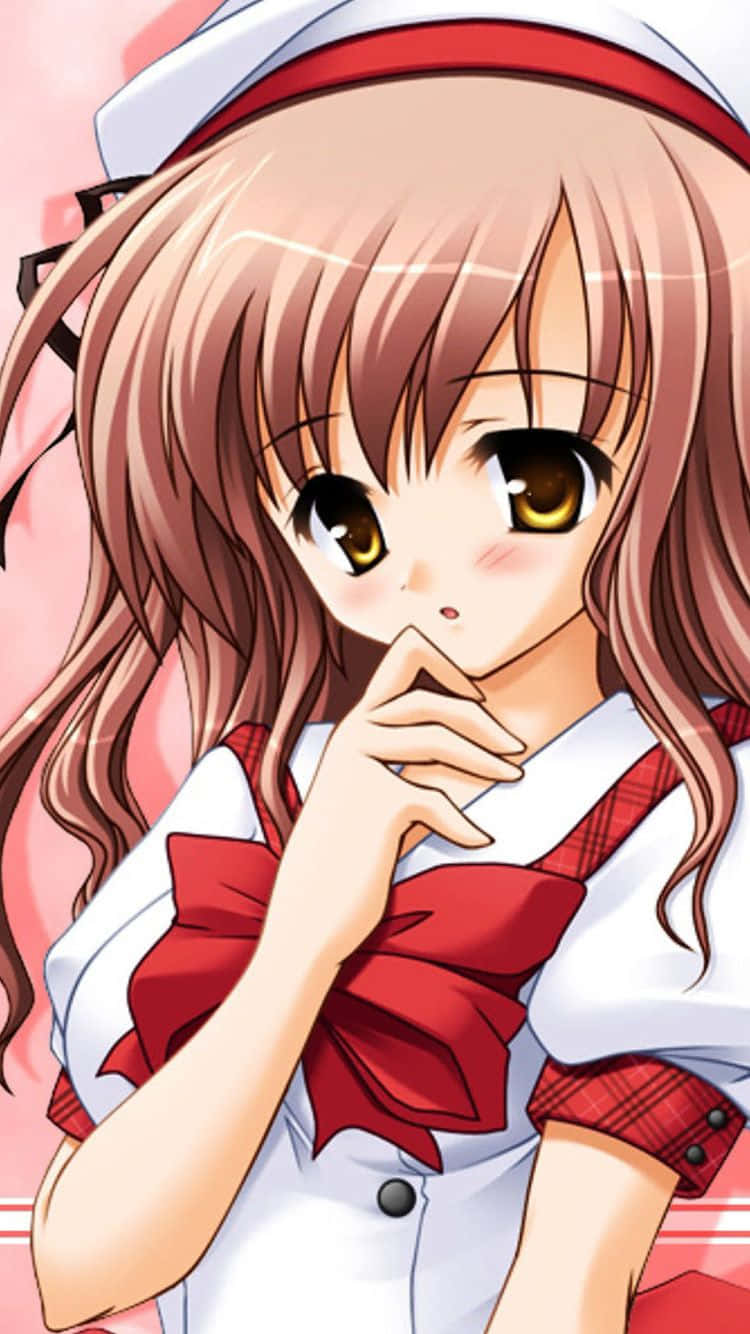 動漫女孩 桌布 壁紙 — 一個可愛的動漫女孩，棕色頭髮和金色眼睛，穿著紅白水手服，輕輕觸碰嘴唇。