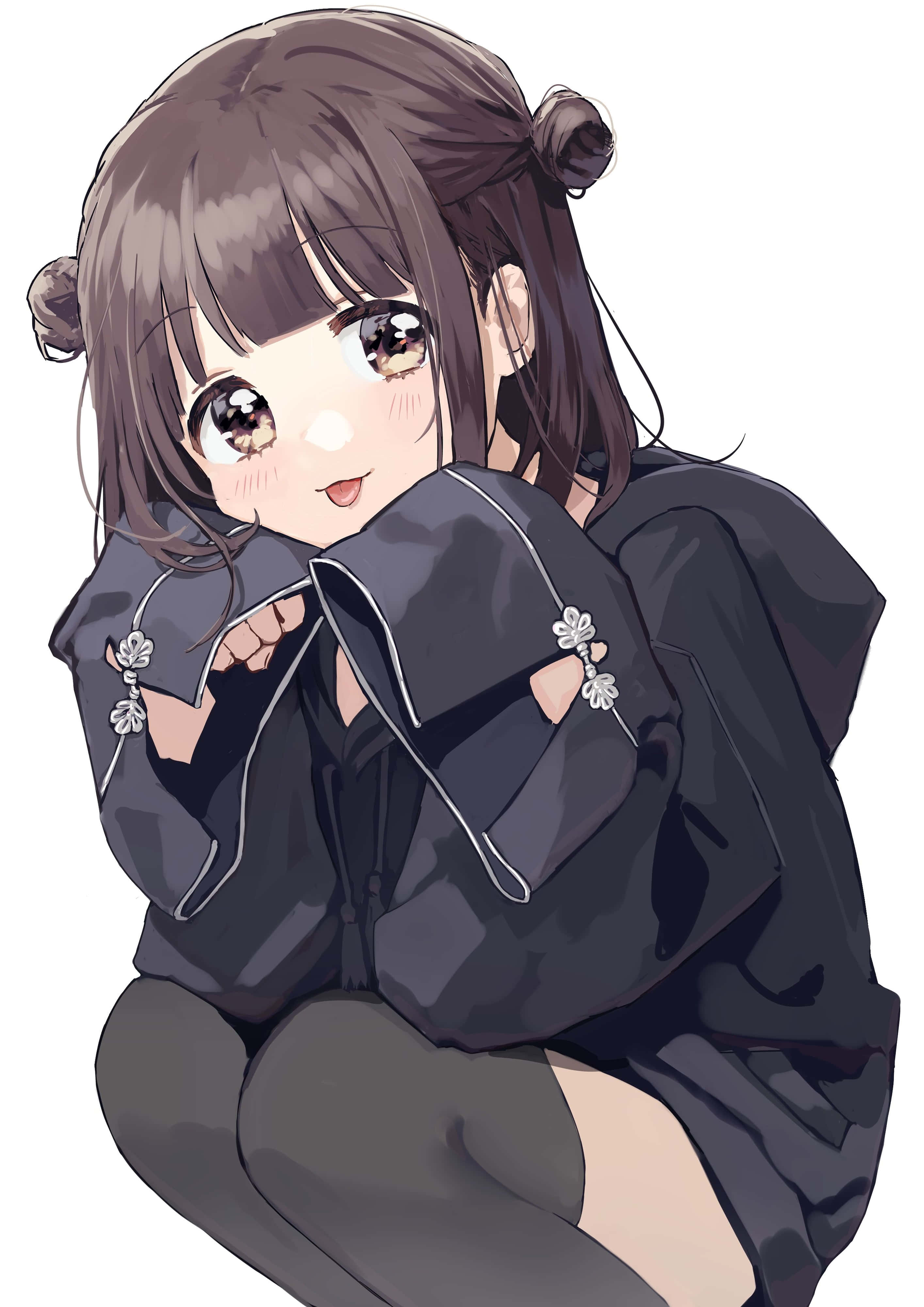 Menhera Chan 桌布 壁紙 — 一個可愛的動漫女孩，棕色頭髮紮成髮髻，閃閃發光的眼睛，微笑著擁抱她那帶有花卉紐扣的深色外套。