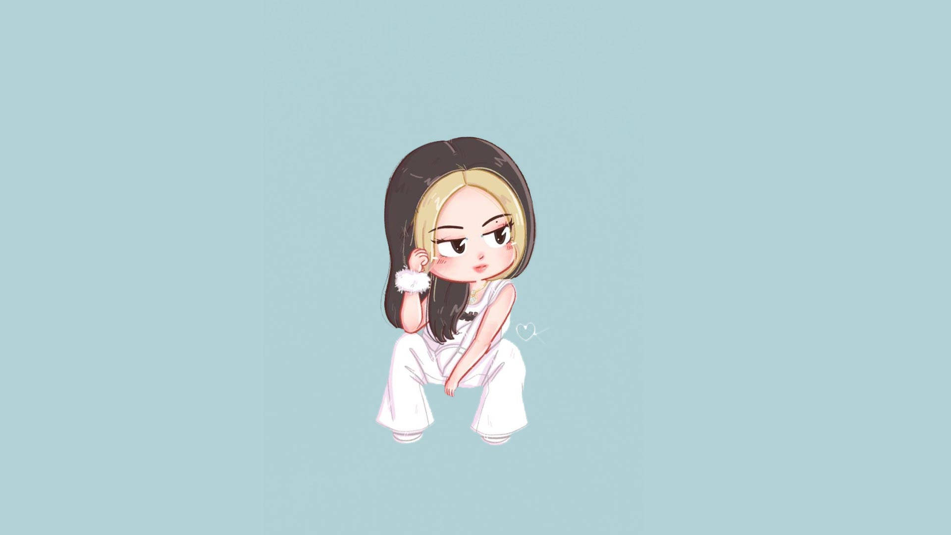 動漫女孩，深色和金色頭髮，穿著白色衣服盤腿坐著。 — Blackpink 動畫 GIF 壁紙