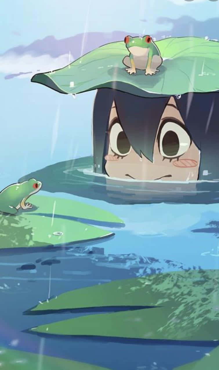 Froppy 桌布 壁紙 — 一個可愛的動漫女孩，深色頭髮，從荷葉下的水中探出頭來，雨下著，附近有青蛙。