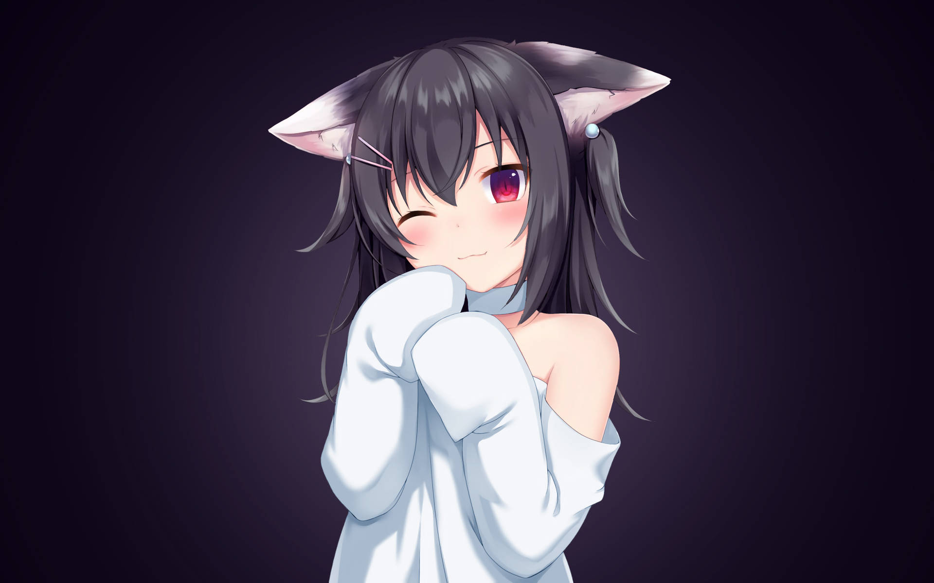 Creepy Anime 桌布 壁紙 — 一個可愛的動漫女孩，深色頭髮和狐狸耳朵，穿著白色襯衫，在深紫色背景前害羞地眨眼並擁抱自己。